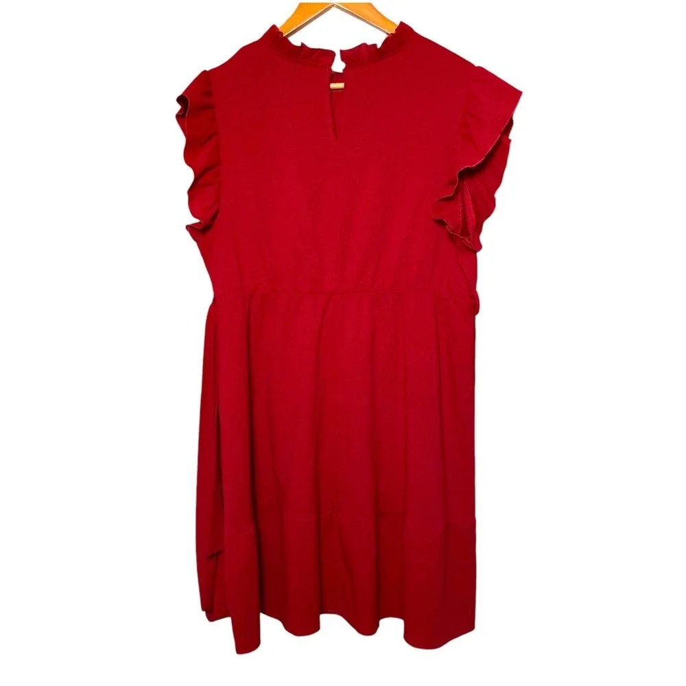 SHEIN Curve Sleeveless Ruffle Neck Belted Midi Red Dress Back Button Size 2XL - Picture 5 of 11